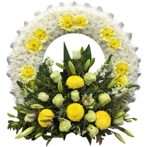 Chrysanthemums accompanied by roses, lilies, snapdragons as well as chrysanthemum bulbs. Convey your thoughtful messages through this wreath.