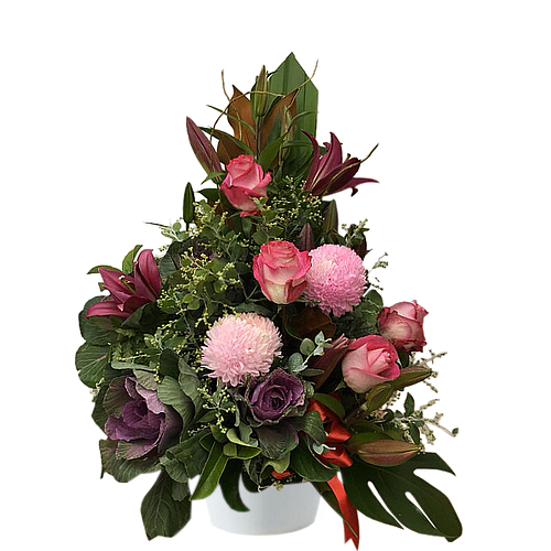 Bouquet curated with roses, lilies & chrysanthemum in romantic shades of reds, pinks & purples curated with lush greens to convey your love message.