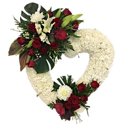 A heart shaped wreath crowned with roses, lilies & combination of chrysanthemums. Express your deepest love & sympathy for the dearly departed.