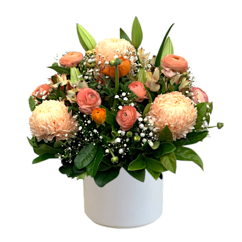 Magnificent chrysanthemums, bright reddish-yellow buttercup flowers, fragrant lilies & dainty baby's breath all dressed in brilliant colour of ripe pumpkins. Send the Colours of Fall arrangement with your thoughts & prayers to your recipient.