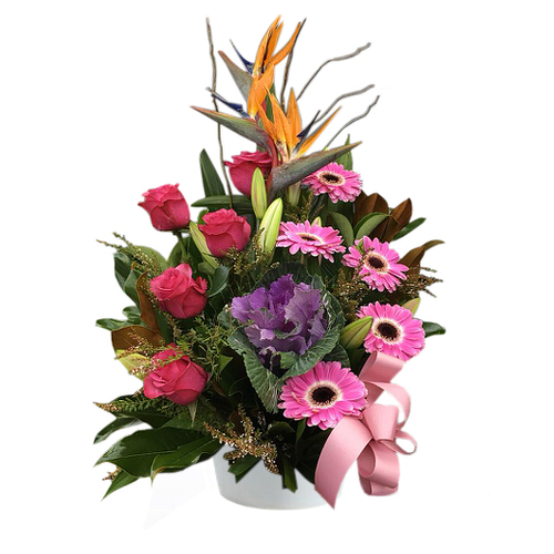 Fantastical arrangement appropriately named & features flowers in every colour of the rainbow. Roses, blooming kale, gerberas, lilies & brids of paradise.
