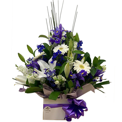 Purple irises, white gerberas and white lilies represent innocence, purity, wisdom, royalty, love and care - the perfect combination of qualities someone can encompass. Fresh flower delivery to all south-western suburb and Sydney throughout.