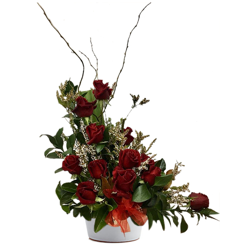 Traditional red roses arranged in an nontraditional way ready to display. Send this classic dozen with a sweet message to someone special today.