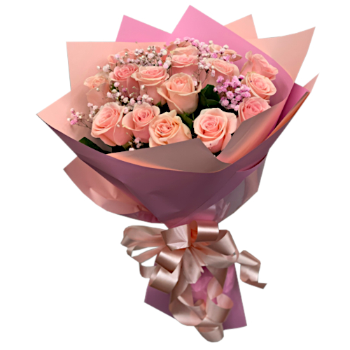 Bouquet of baby pink roses representing friendship, affection, harmony, and inner peace. A floral gift suitable for any friends who just welcomed a baby girl into their family. Send your congrats and hearty wishes with this bouquet.