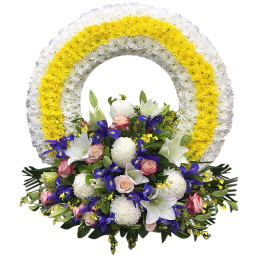 Golden chrysanthemums arch over rainbow of red-pink roses to purple irises & white chrysanthemums. Will resonate with the loved ones of the dearly departed.