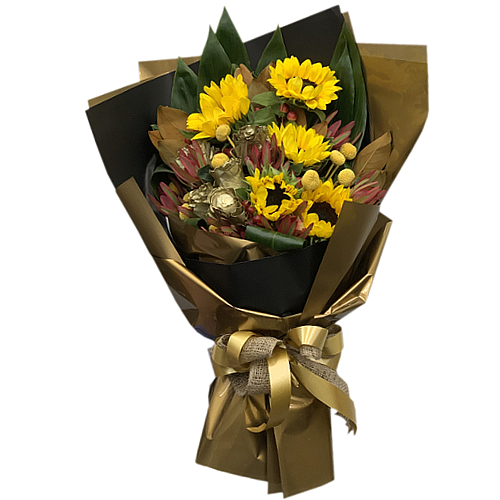 The Golden Girl bouquet is cheerful and charming with its lovely yellow sunflowers. This arrangement would be a thoughtful gift for plenty of occasions including graduations, birthdays and father's day.