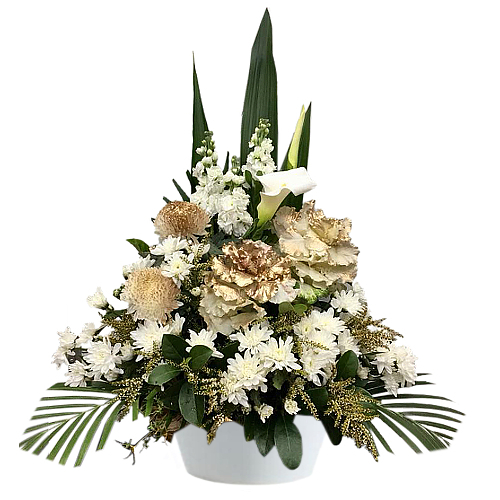 Make any space grand with this magnificent white and gold display. Chrysanthemum daisies, bulbs, snapdragons and song birds are suitable for all settings and occasions. Fresh flower delivery to Sydney throughout.