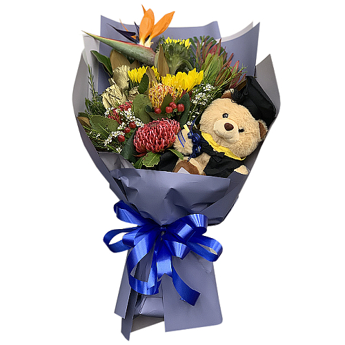 Much like graduates, native flowers are a resilient, all enduring and robust bunch. Send your congratulations to someone graduating today. Graduation bear plush included.