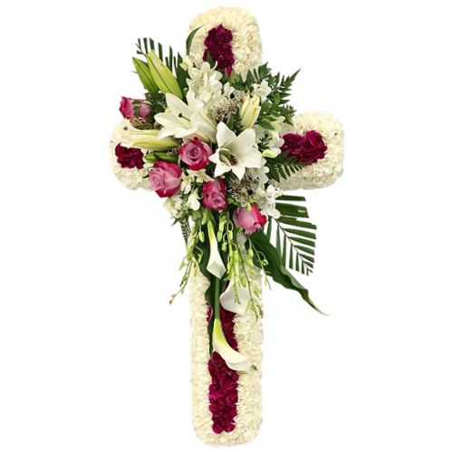 Pay tribute to the deceased with a flower wreath that displays faith & elegance, bursting with lush carnations, roses, orchids & lilies in shades of red & white.