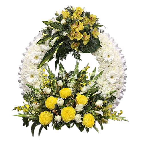 Pure white ribbon wreath made of chrysanthemum flowers is crowned with golden yellow orchids, lilies, roses and chrysanthemums like sun rays shining down.