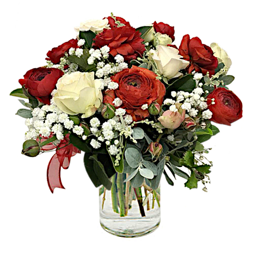 White roses and red buttercup flowers are presented in a fashion vase. Gentle baby's breath nestled between. Send this to someone special today.