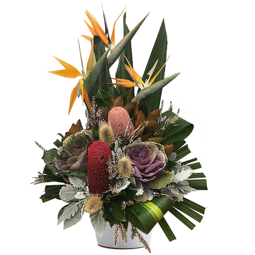 Create long lasting memories for great value with this majestic bouquet featuring birds of paradise dancing amongst native wildflowers and foliage.