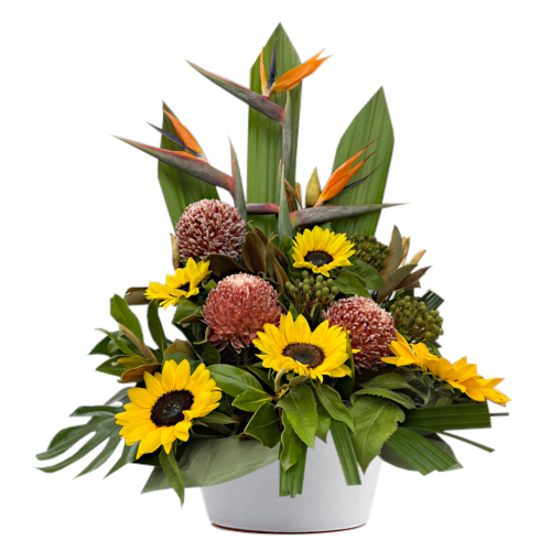 This rustic arrangement features sunflowers, potea, and birds of paradise. The long lasting and oust selection of flowers makes for great value and a thoughtful gift.