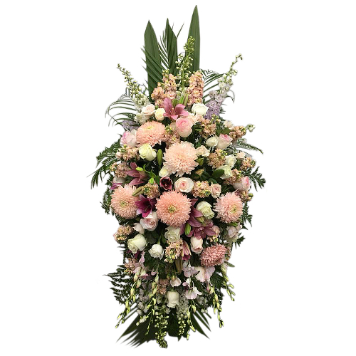 Commemorate a time where everything is peachy keen. A ring of assorted blooms - lilies, roses, chrysanthemums, dendrobium orchids & stock flowers.