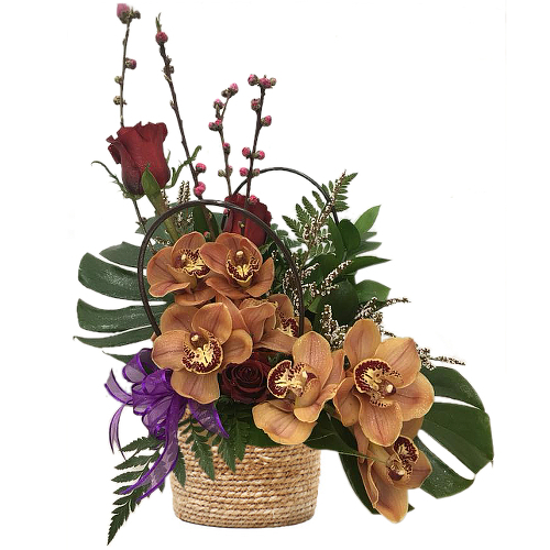 Elegant arrangement finished with a purple bow, surprise, celebrate or congratulate the fitting recipient with this unparalleled lavish orchid and rose combination. Elegant arrangement finished with a purple bow, surprise, celebrate or congratulate the fitting recipient with this unparalleled lavish orchid and rose combination.