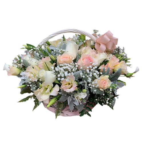 Basket filled with dainty two-tone pink and white roses paired with baby's breath. Accented with frosty foliage will bring a smile to any recipient's face.