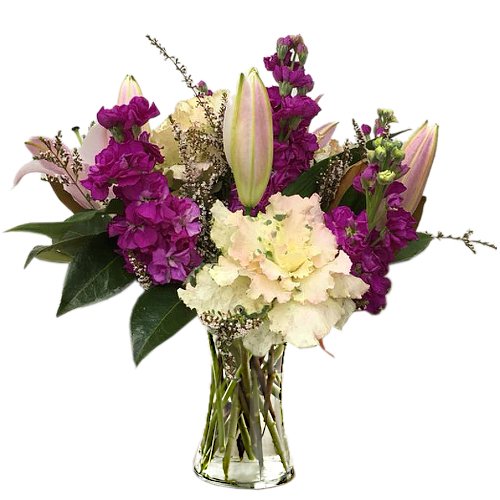 Soft pink and white gradient lilies, hot pink snapdragons and two-tone pink and white songbird flowers blend together beautifully and effortlessly. Send someone these gorgeous textures. Place an order online from anywhere now!