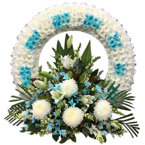 Preserve memories of the dearly departed with this ring wreath symbolising eternity. Composed of chrysanthemum daisies, lilies, mums pom poms and more.