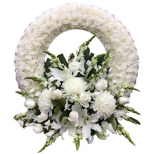 Send this blooming white ring made with chrysanthemum and accompanied by pure white roses, lilies, stock flowers with your thoughts to friends & family.