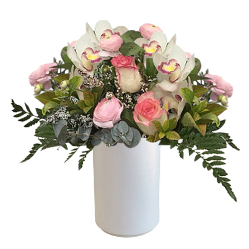 Featuring two-tone pink and white roses, buttercup flowers & orchids accompanied by hand picked foliage. Nothing could be sweeter than this sweet bunch. Featuring two-tone pink and white roses, buttercup flowers & orchids accompanied by hand picked foliage. Nothing could be sweeter than this sweet bunch.