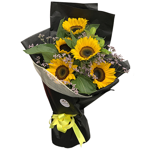 Bring a little sunshine into someone's life with this awesome arrangement. Five brilliant sunflowers wrapped in a joyous bundle. Perfect for graduations, birthdays and to show your appreciation.
