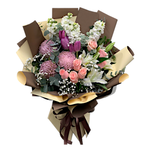 Baby pink roses, violet chrysanthemum, white lilies & snapdragon flowers set amongst white baby's breath & eucalyptus. You can always bring a smile to the faces of your sick friend, or your loved ones with this get-well soon floral