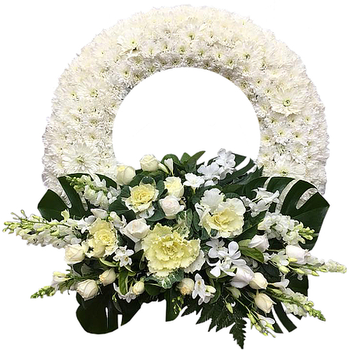 Palm leaves create a sense of paradise & tranquility. A ring of chrysanthemum daises, white roses, kale, mokara orchids & snap dragons flowers.