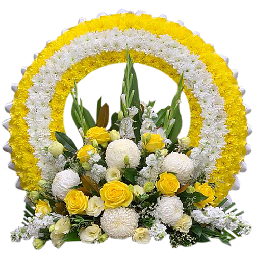 Show comfort to a family or friend who has lost their loved one in their hardest times. Send your warmest condolences with this double golden arch wreath.